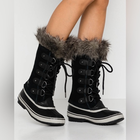 Sorel Leather Black and White with Tan Fur-Trimmed Winter...